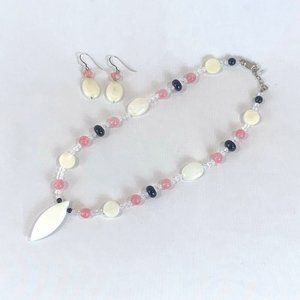 Vintage White Pink and Black Necklace Earring Set